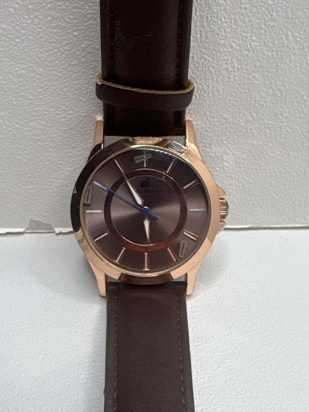 Caribbean Joe Men's Rose Gold Tone Analog Watch with Brown Leather Strap